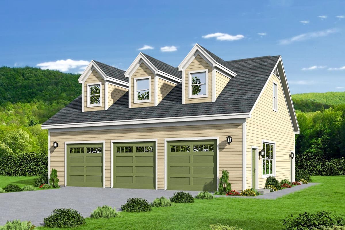 House plan exterior. Two-story garage with three dormers, gabled roof, and three-bay garage door orientation. Light siding, green garage doors.