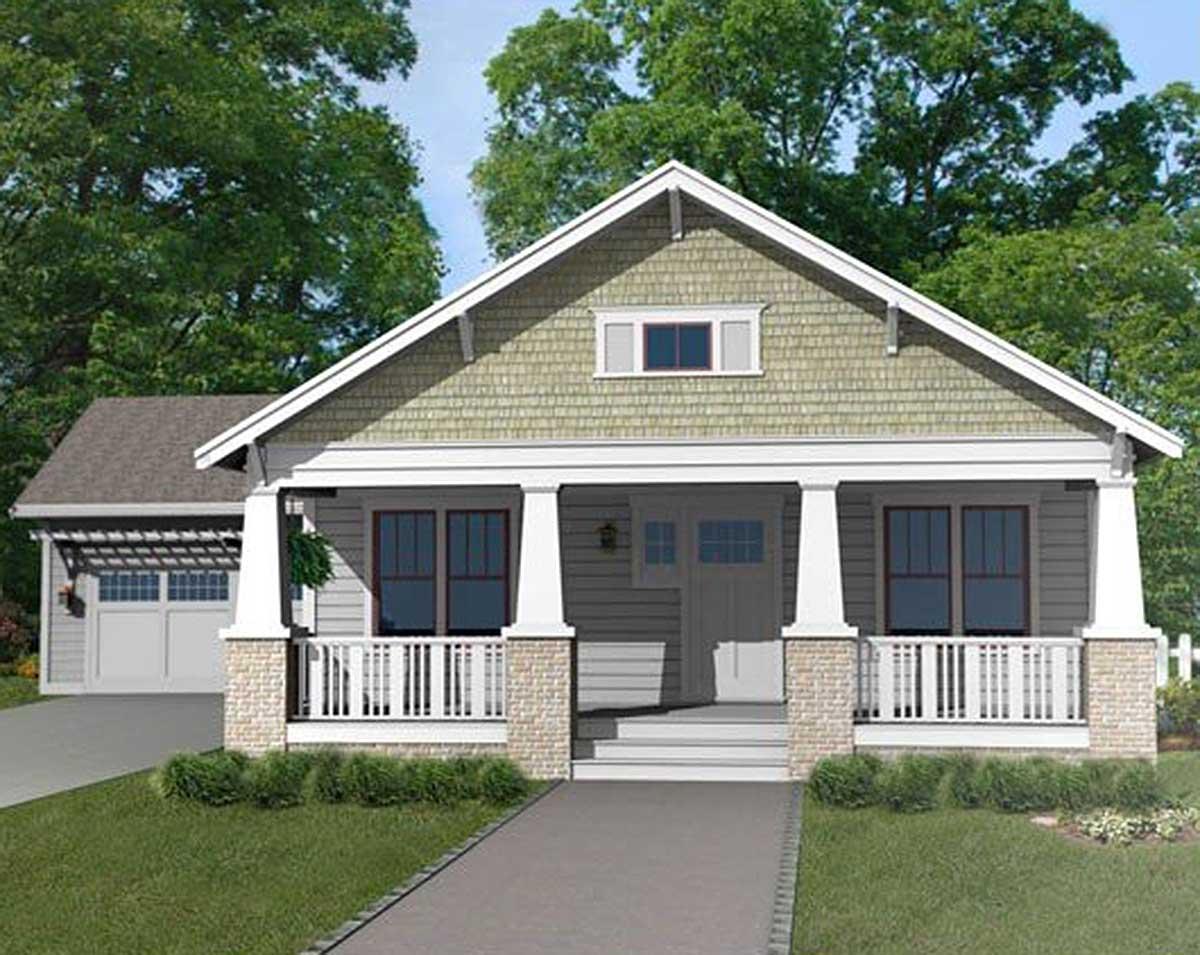 House plan exterior featuring a Craftsman style, one story, gabled roof, front porch with columns, and attached garage with trellis.