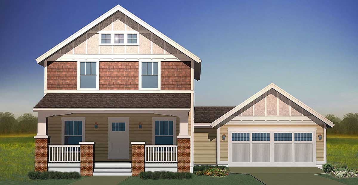 House plan exterior rendering. Two-story Craftsman style home with porch, gables, and attached garage. Brick accents at the porch.