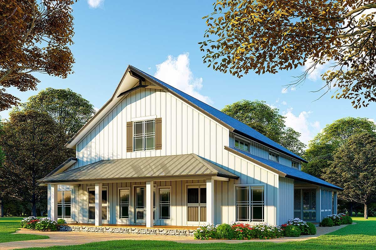 House plan exterior. Two-story Modern Farmhouse with a gabled roof, a covered porch, and board-and-batten siding.