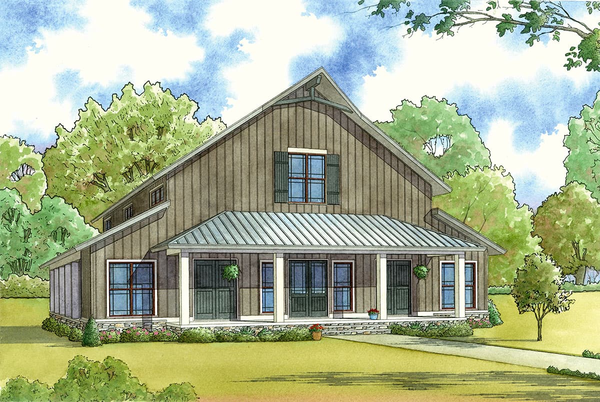 House plan exterior: Modern Farmhouse style, two stories, wide covered porch with metal roof, multiple gables, and board-and-batten siding.