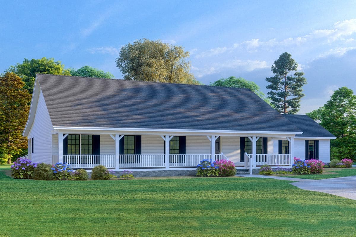 House plan exterior featuring a one-story, Ranch-style home with a wraparound porch, gable roof, and multiple windows with black shutters.