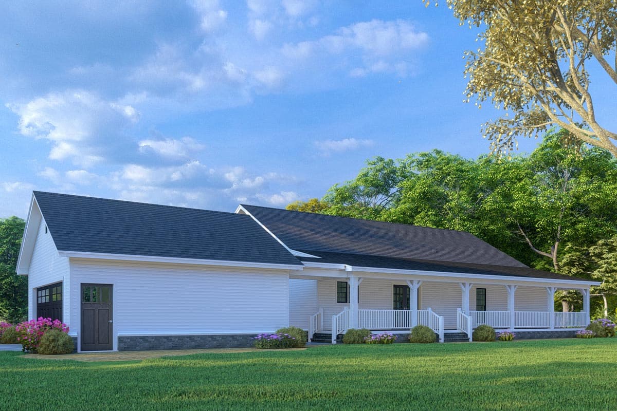 House plan exterior: white siding, attached garage, and a full-width covered porch with white railings.
