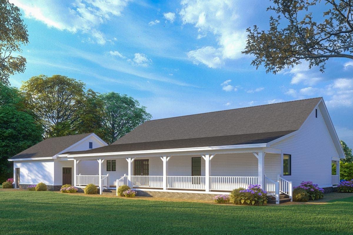 Ranch house plan exterior with wrap-around porch, gabled dormer, and attached garage.
