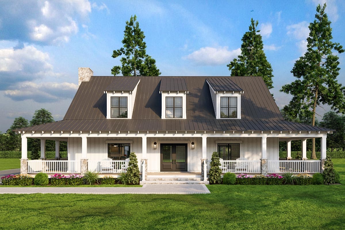 House plan exterior view, Modern Farmhouse style. Features include a wrap-around porch, gabled dormers, and a standing seam metal roof.