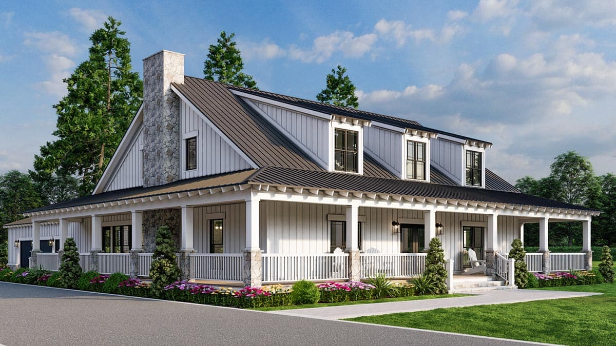 Modern Farmhouse style house plan exterior with a wraparound porch, metal roof, stone chimney, and dormer windows.
