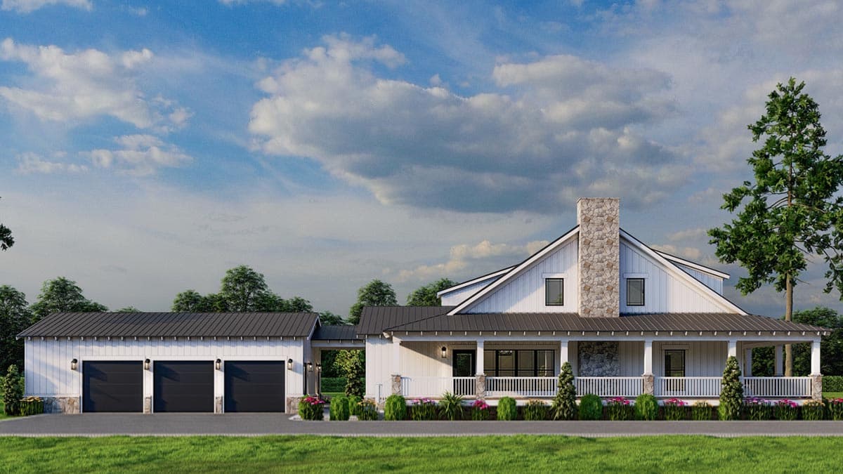 Modern Farmhouse style house plan exterior with a wrap-around porch, stone chimney, and a three-car garage.