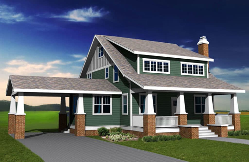 House plan exterior. Two-story Craftsman home with gabled roof, covered porch, and carport. Features include brick columns and dormers.