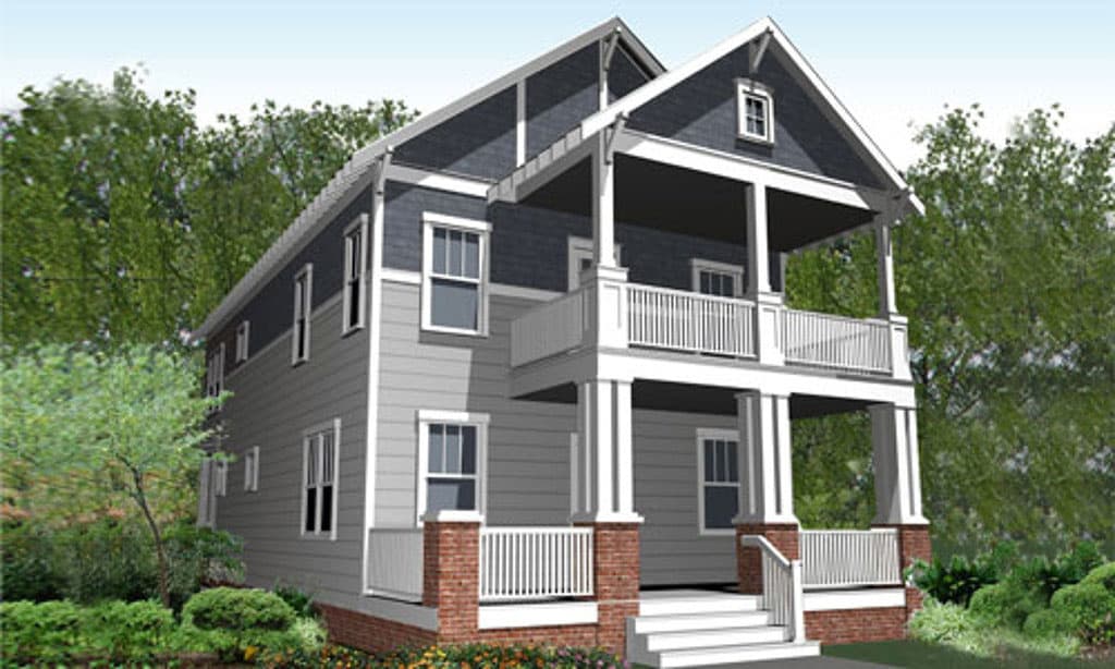 House plan exterior, two stories, two-level wraparound porch with columns, gabled dormer, and visible siding.
