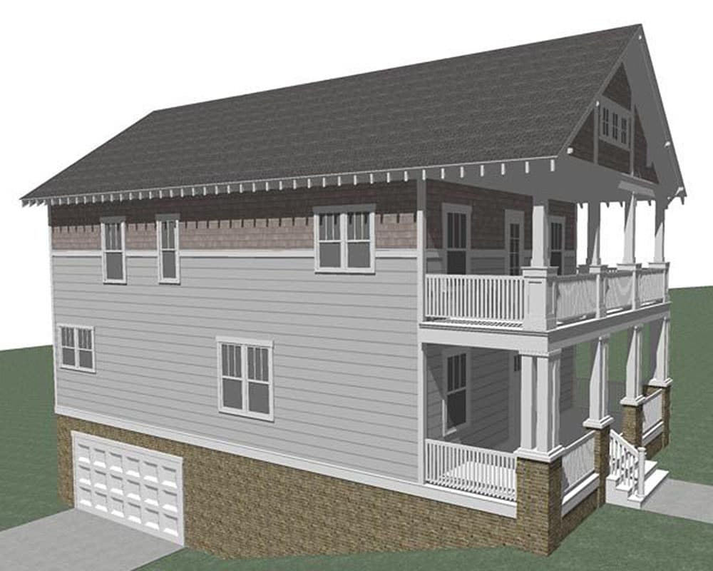 House plan exterior: two-story structure with a double-decker front porch, gables, and a side-facing garage.