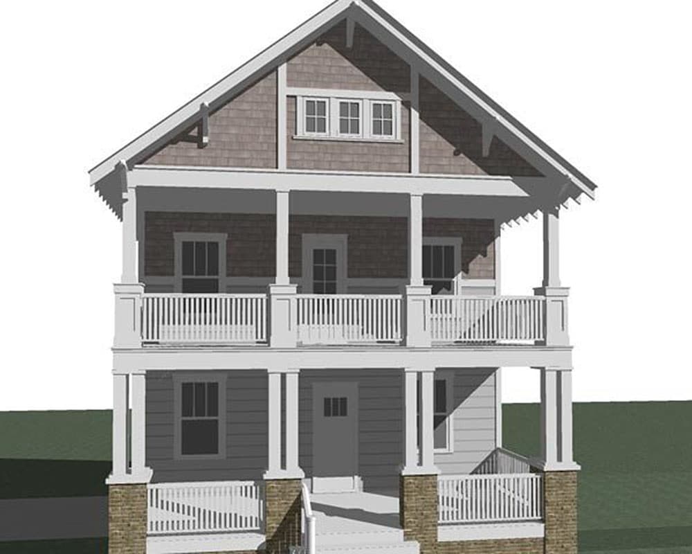 House plan exterior: Two-story home with covered double porches, gable roof, dormer window, and shingle siding.