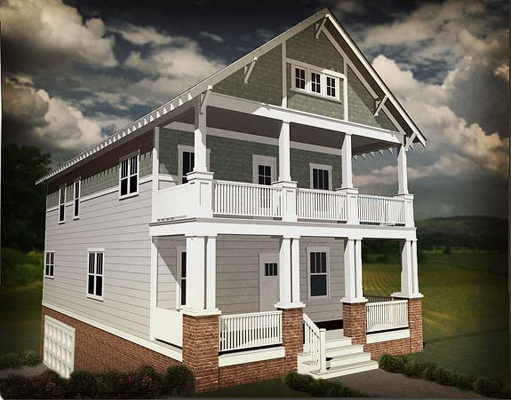 House plan exterior. Two-story Craftsman style home with covered porch, column supports, and gable roof. Brick foundation and garage visible.