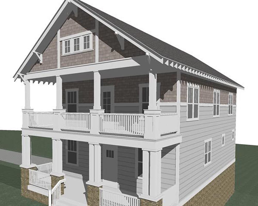 House plan exterior of a two-story home with a prominent double-decker front porch, gables, and dual rooflines.