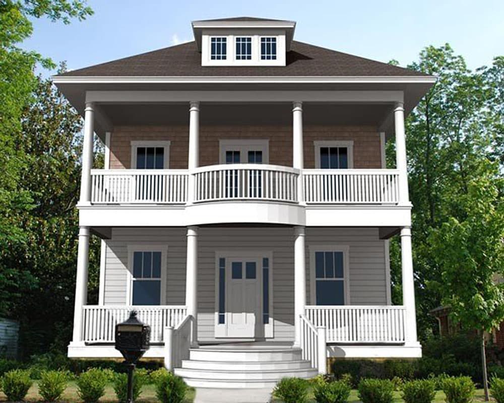 House plan exterior featuring a two-story design with a wraparound porch, a front-facing dormer, and classic columns supporting the roof.