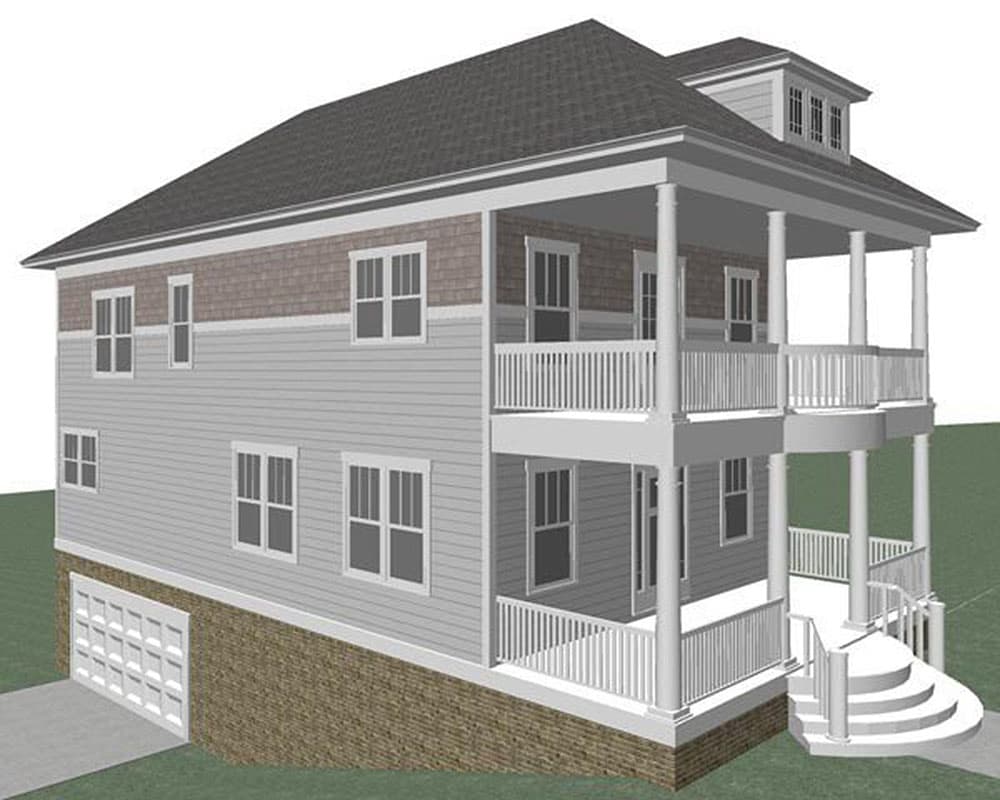 House plan exterior: two-story home with double-wrap porches, dormer window, and attached garage.