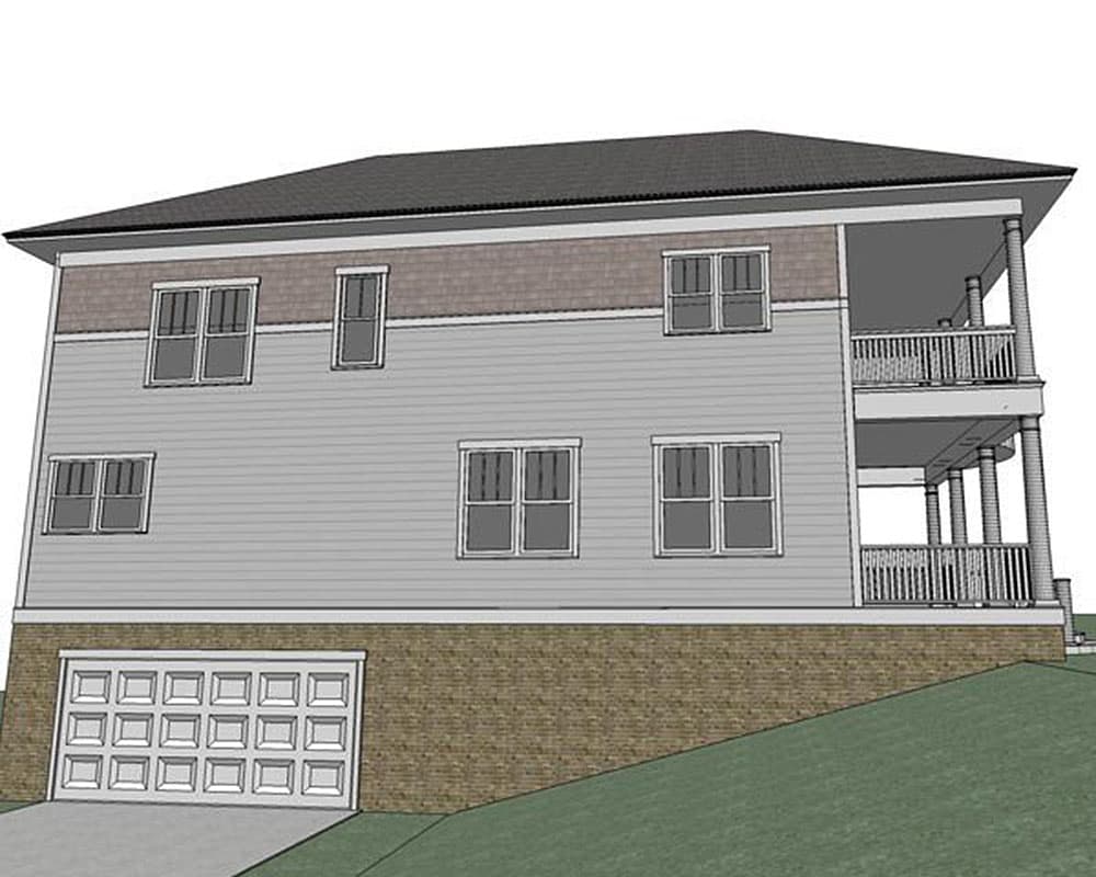 House plan exterior: Two-story building with a two-story porch, multiple windows, and a brick base with a garage door.