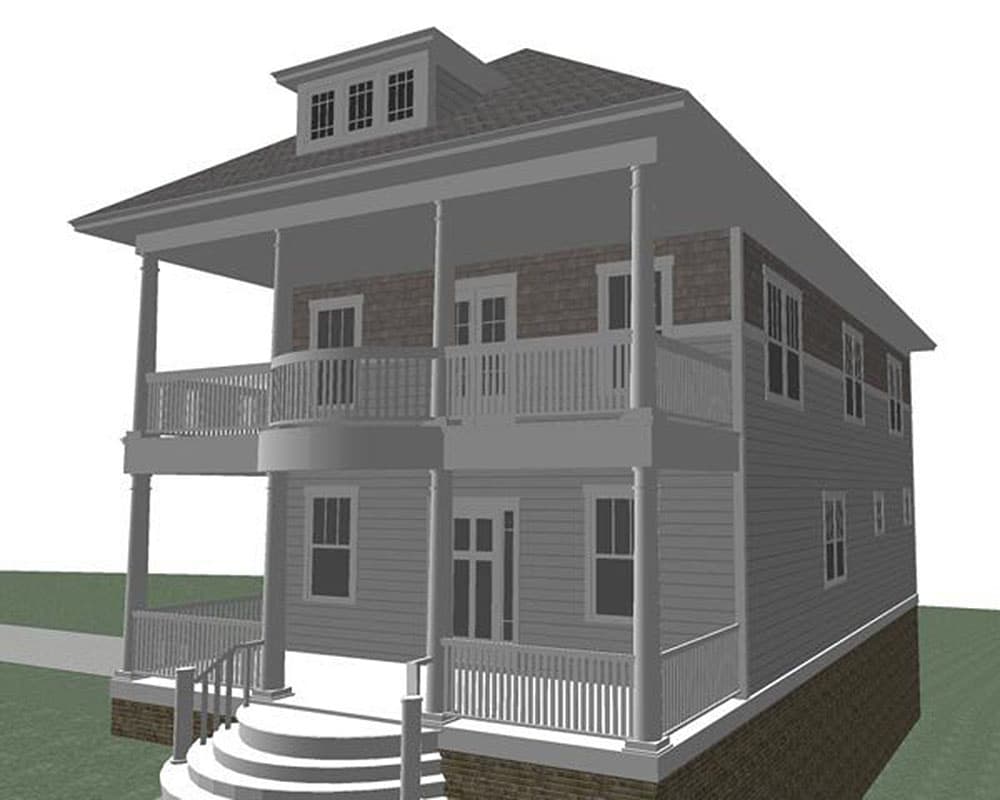 House plan exterior of a two-story house with a wraparound porch, dormer windows, and a balcony.