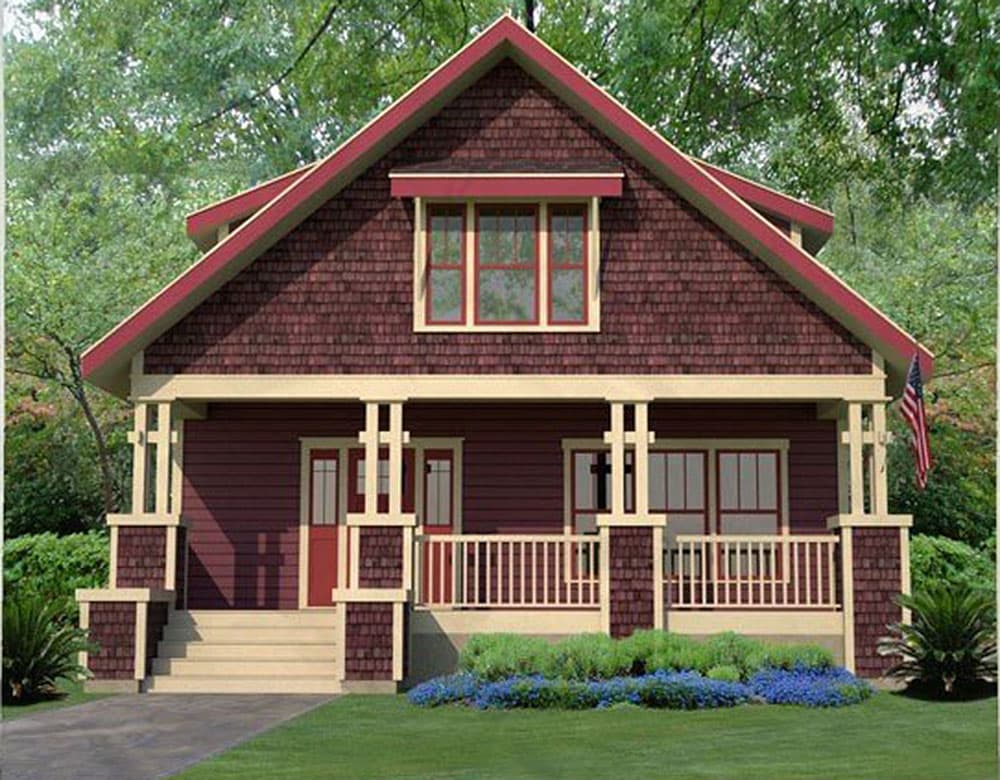 House plan exterior. Craftsman style, one story home with front porch, gable roof, and decorative columns supporting the porch roof.