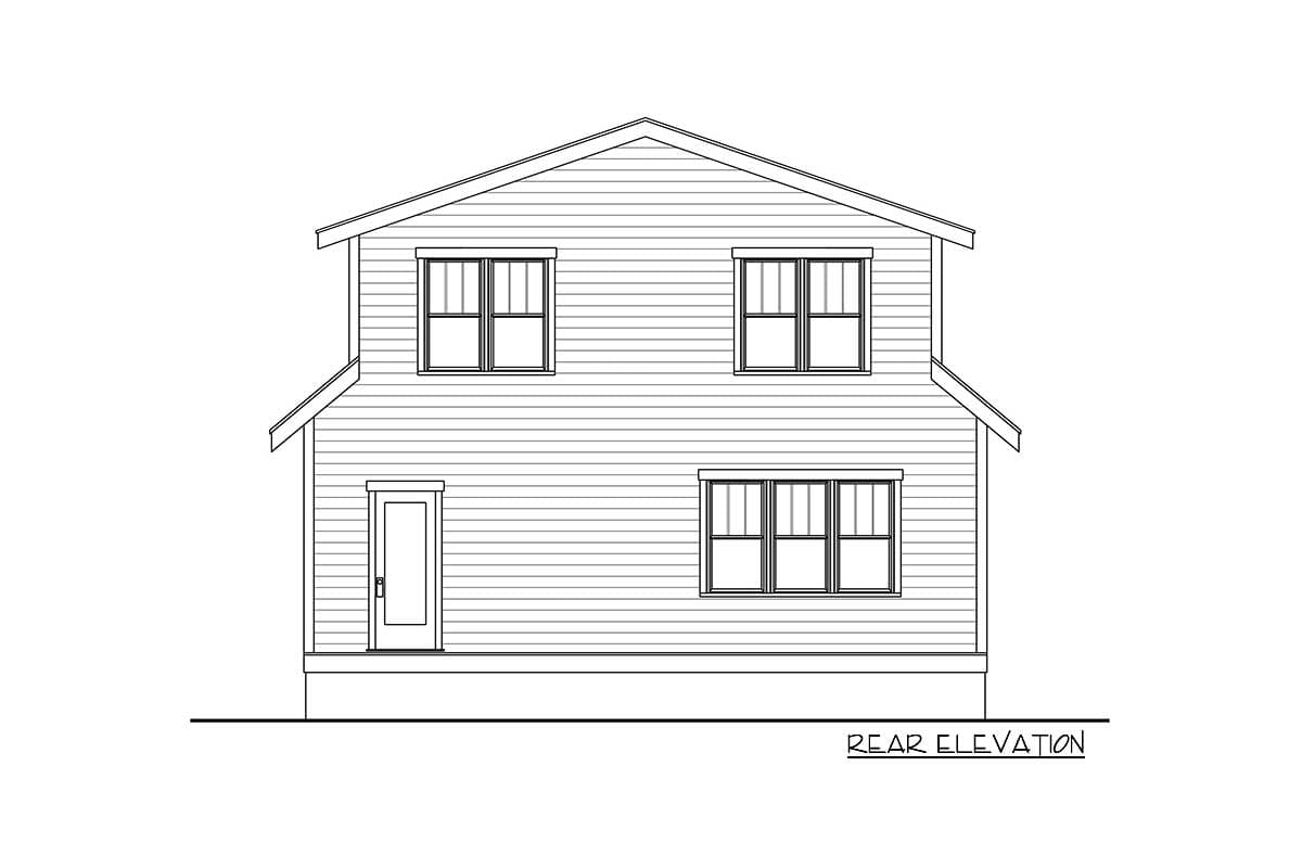 Rear elevation drawing of a two-story house with horizontal siding, a gable roof, and three windows.