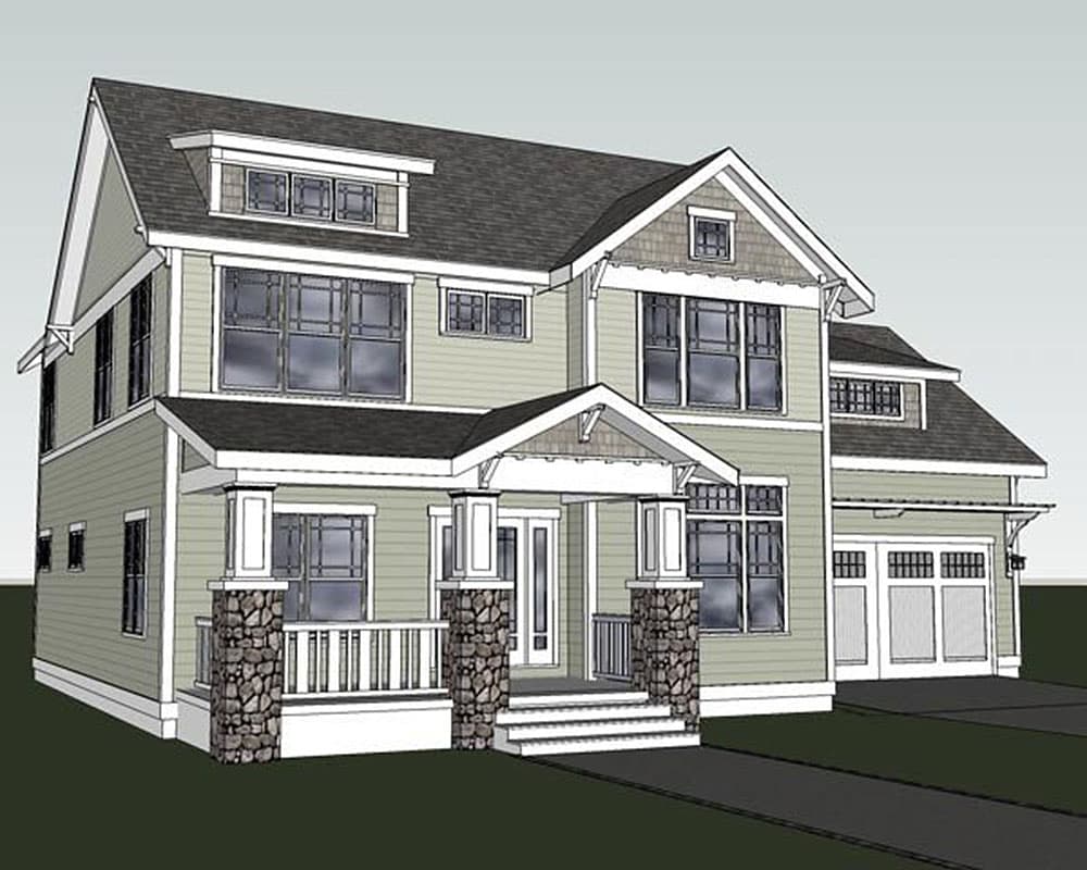 House plan exterior featuring Craftsman style, two stories, front porch with stone columns, multiple gables, and attached garage.
