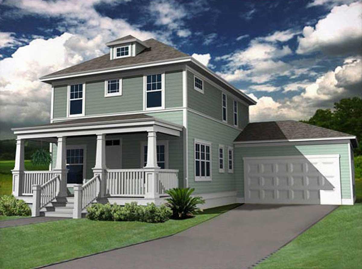 House plan exterior featuring a two-story Craftsman style home with a front porch, dormers, and an attached garage.