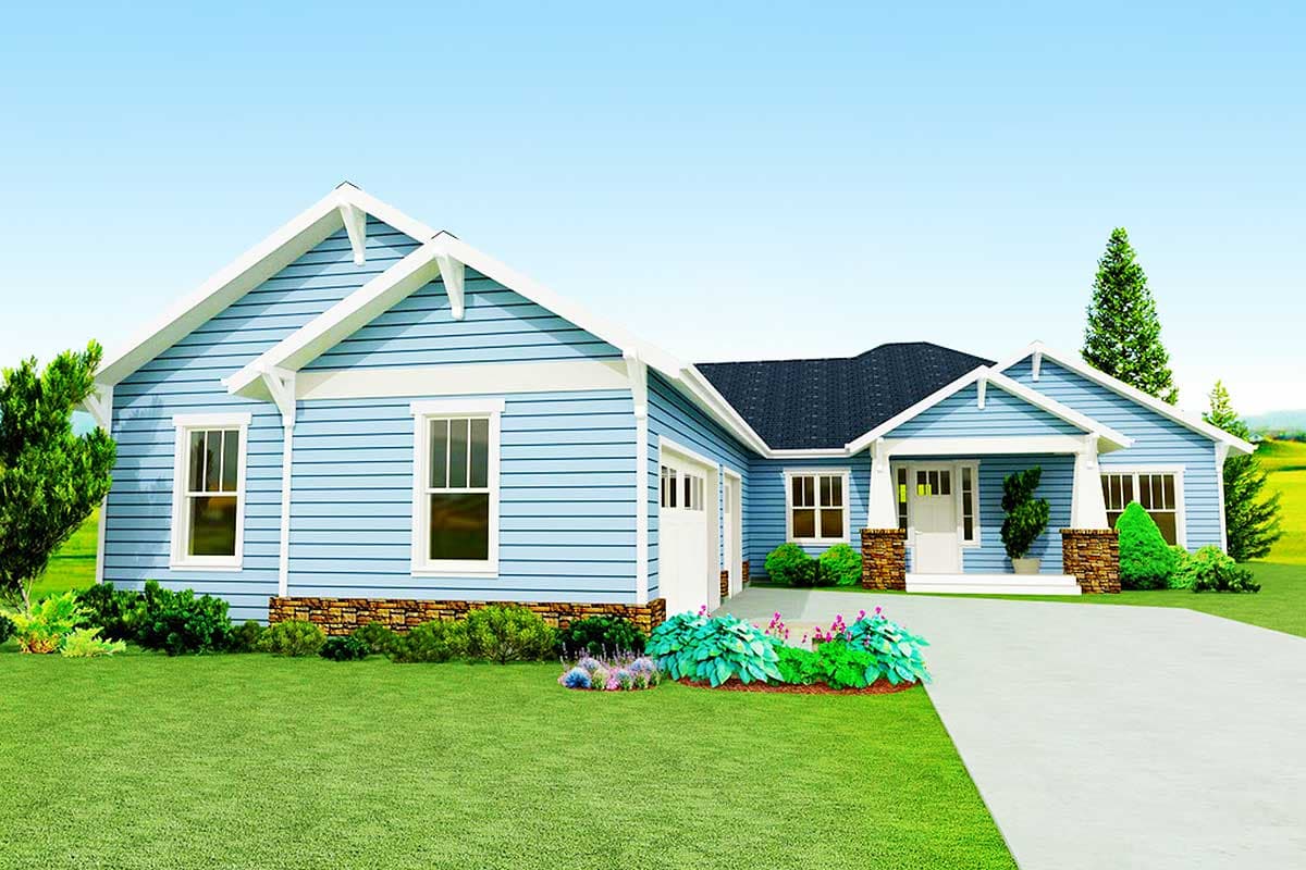 House plan exterior with blue siding. Features include multiple gables, a covered front porch with columns, and an attached garage.