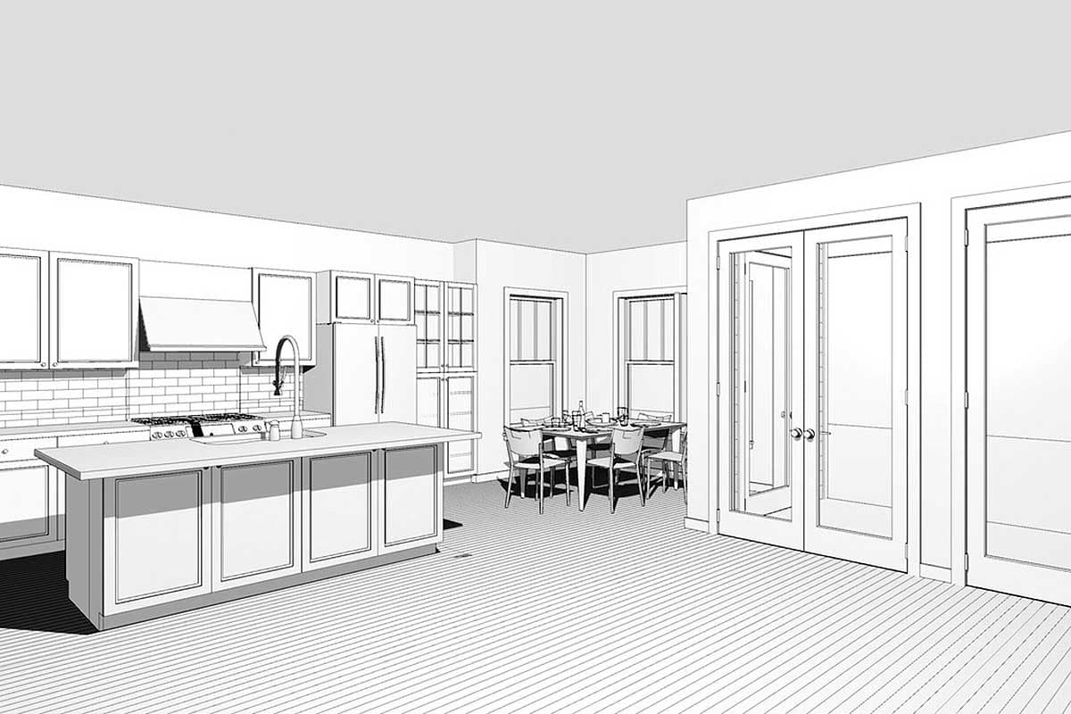 Architectural rendering of an open-concept kitchen and dining area with a large island, white cabinets, and double glass doors.