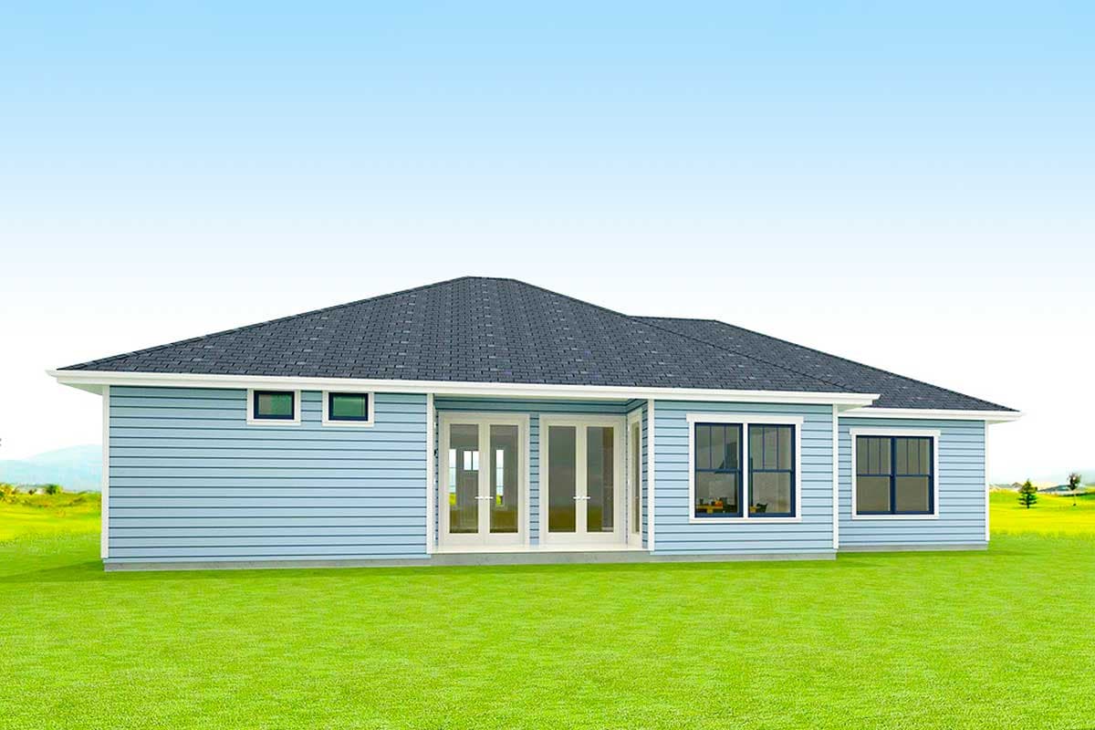 House plan exterior: Single-story home with blue siding, a dark asphalt shingle roof, double glass doors, and a row of windows.