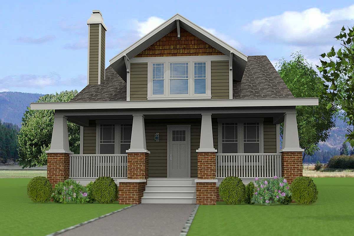 House plan exterior featuring a Craftsman style. The one-story house has a front porch with brick columns and a gable roof with a dormer.