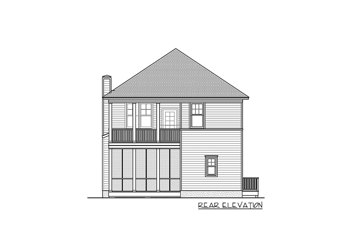 Rear elevation of a two-story house plan with a screened porch, upper balcony, and prominent gabled roof.