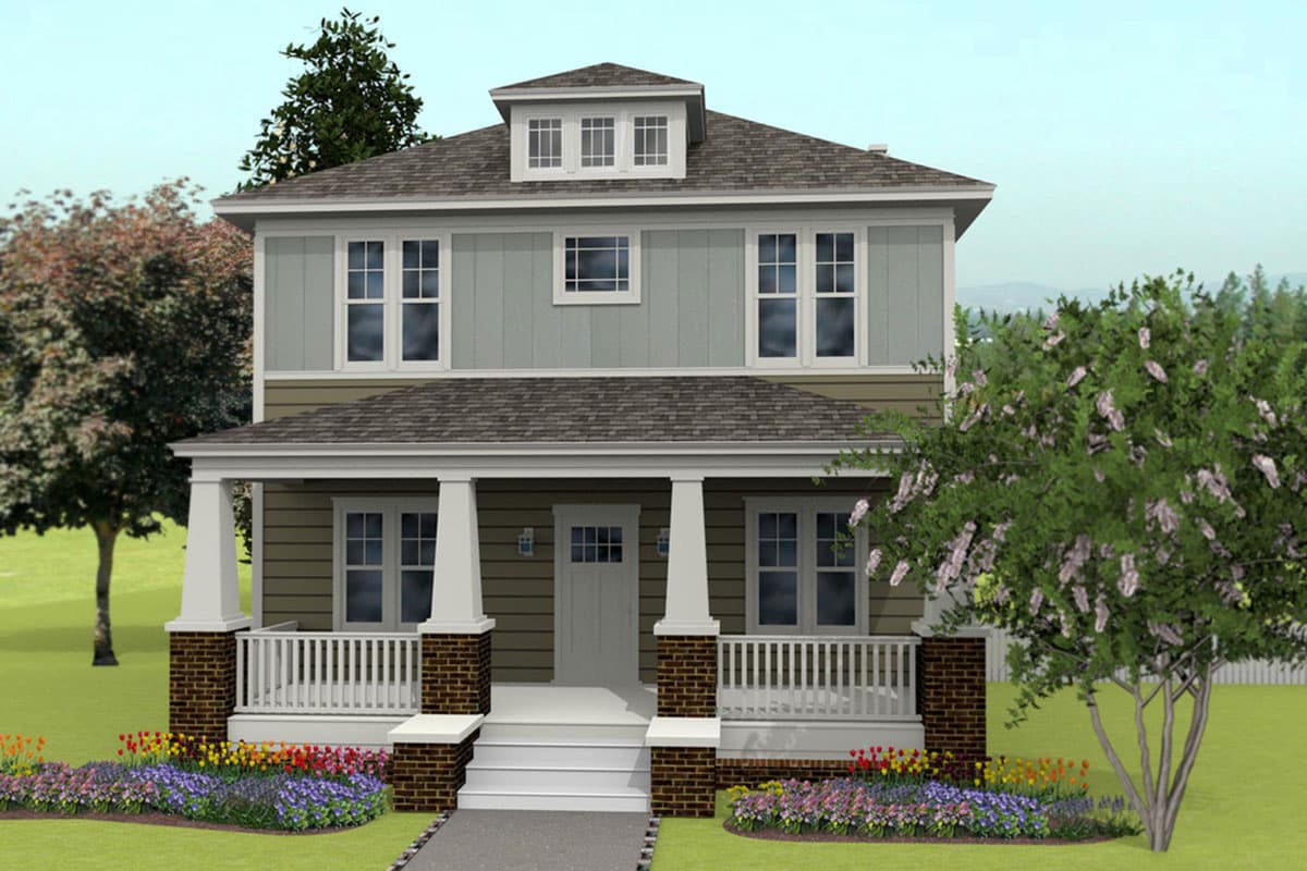 House plan exterior. Two-story Craftsman home with a front porch supported by columns. Features include gables and a dormer.