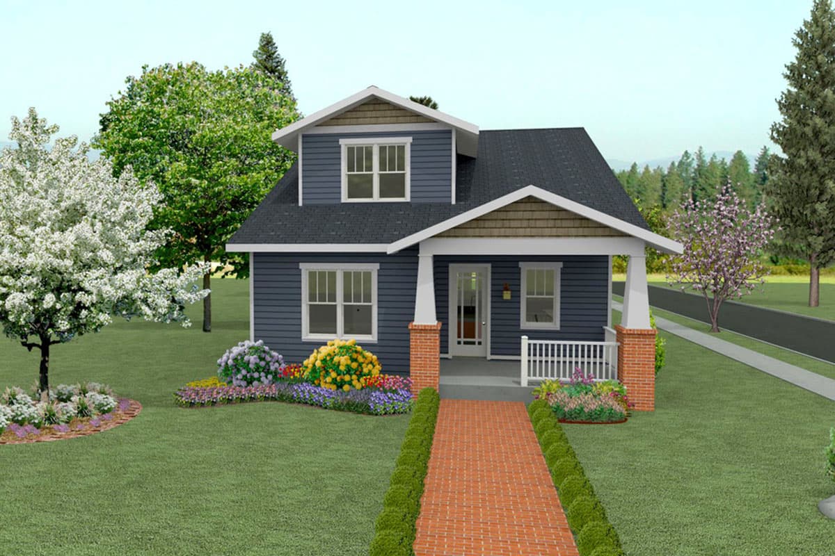 House plan exterior rendering. Two-story Craftsman home with a front porch, gables, and a prominent roofline with a dark shingle roof.