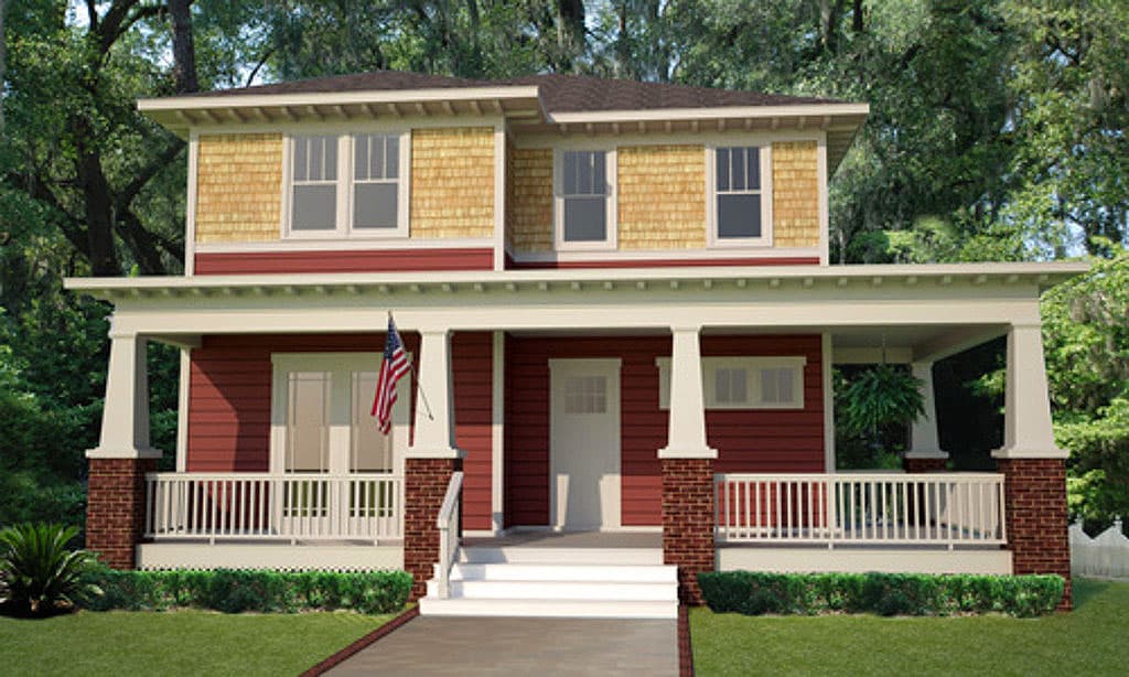 House plan exterior: Two-story house in Craftsman style. Features include a full-width porch, shingle siding on upper level, and a hipped roof.