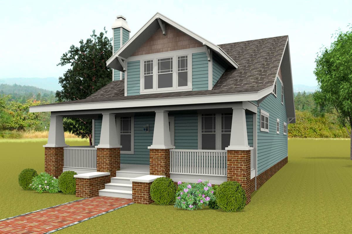 Craftsman style house plan exterior with a wide covered porch, brick pier supports, multiple gables, and a prominent dormer.