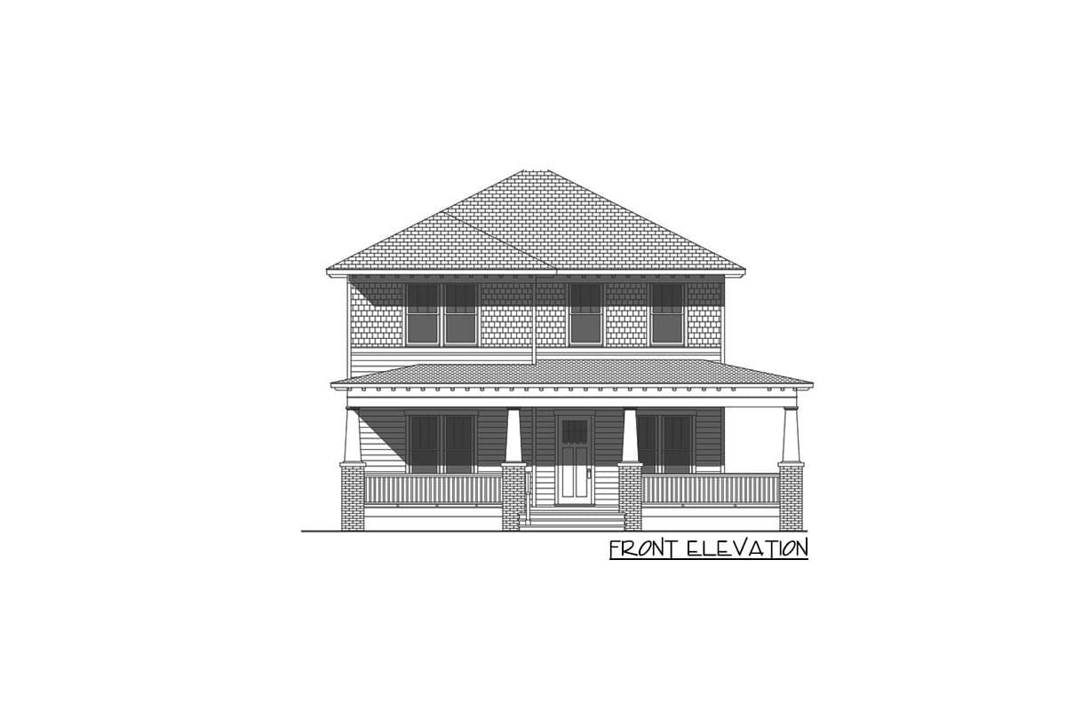 Front elevation drawing of a two-story house with a wrap-around porch, dormer windows, and detailed siding.