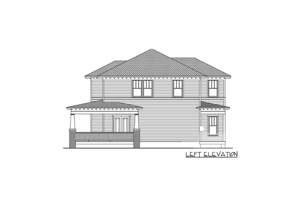 Two-story house plan exterior, left elevation, featuring a prominent roof, double front doors under a covered porch, and multiple windows.