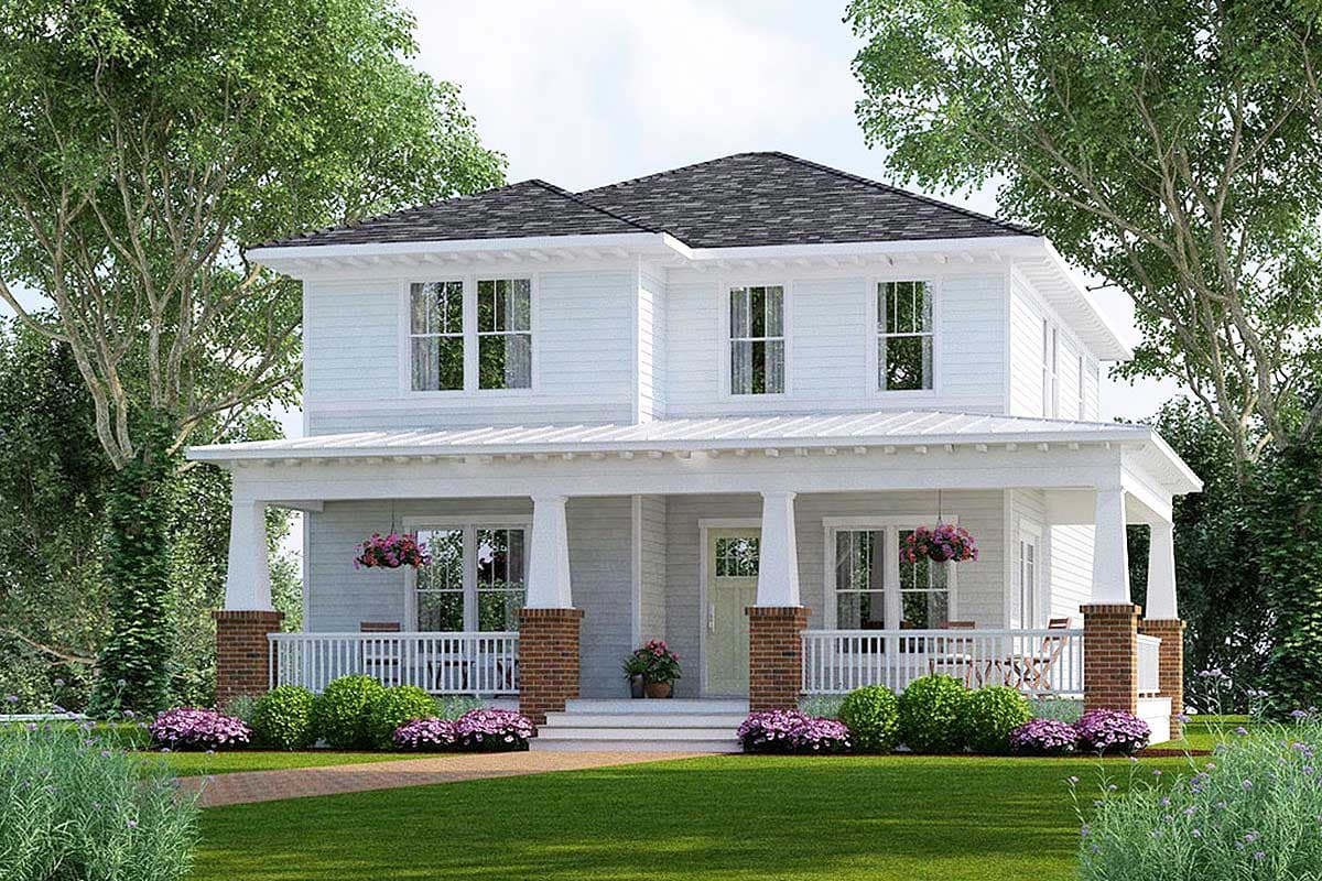 House plan exterior rendering of a two-story home. Features include a front porch with columns, a gabled roofline, and clapboard siding.