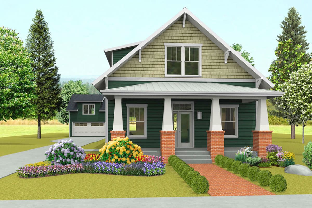 House plan exterior. Craftsman style, two-story house with a front porch, gables, and a detached garage. Features brick and wood detailing.