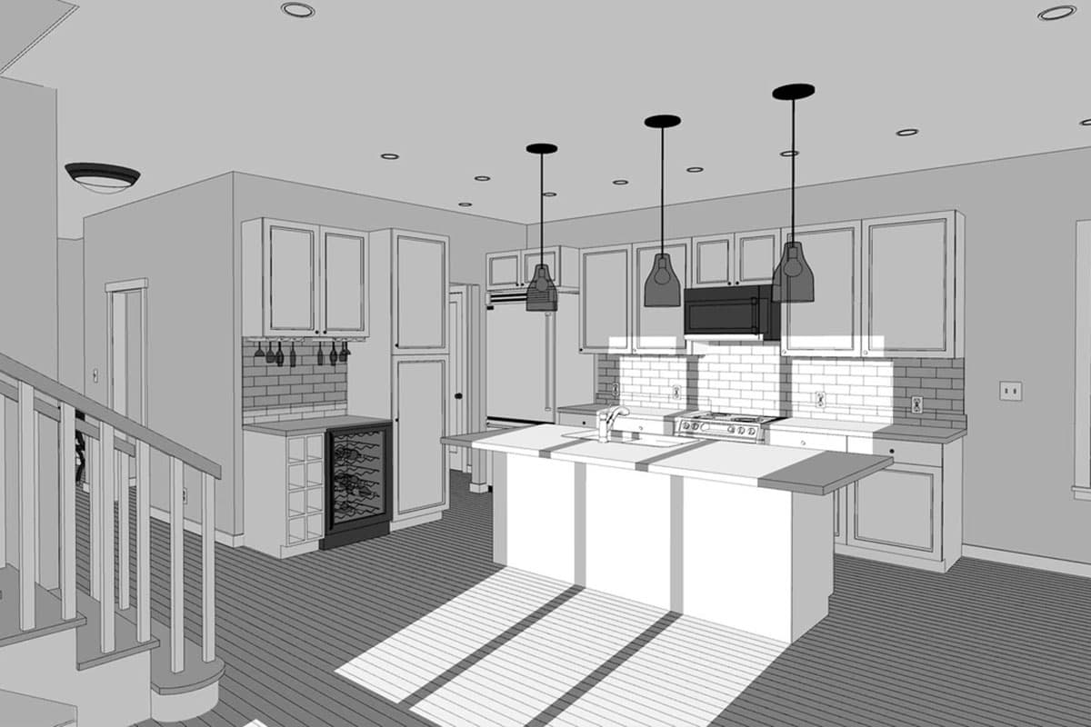 Interior rendering of a kitchen featuring a central island, white cabinetry, stainless steel appliances, subway tile backsplash, and a wine cooler.