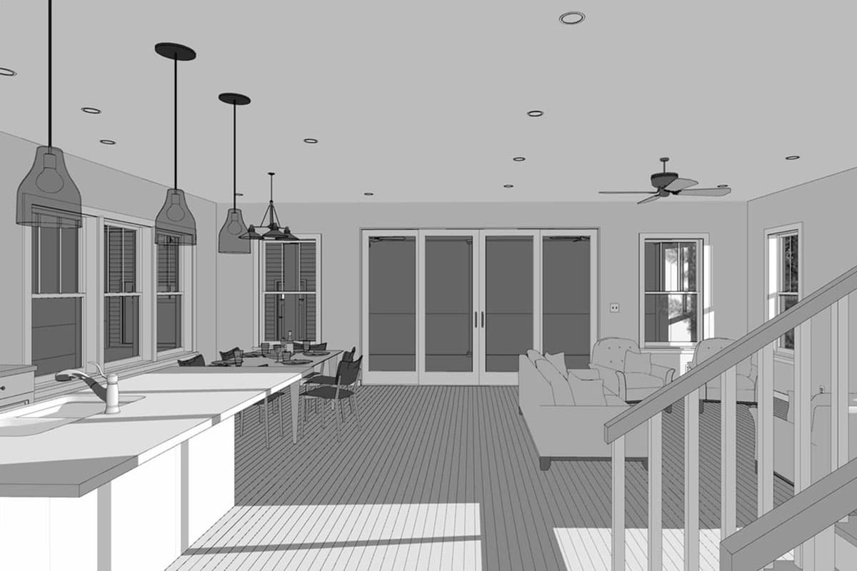 Open concept interior rendering with kitchen island, dining area, living room, large sliding doors, and staircase.