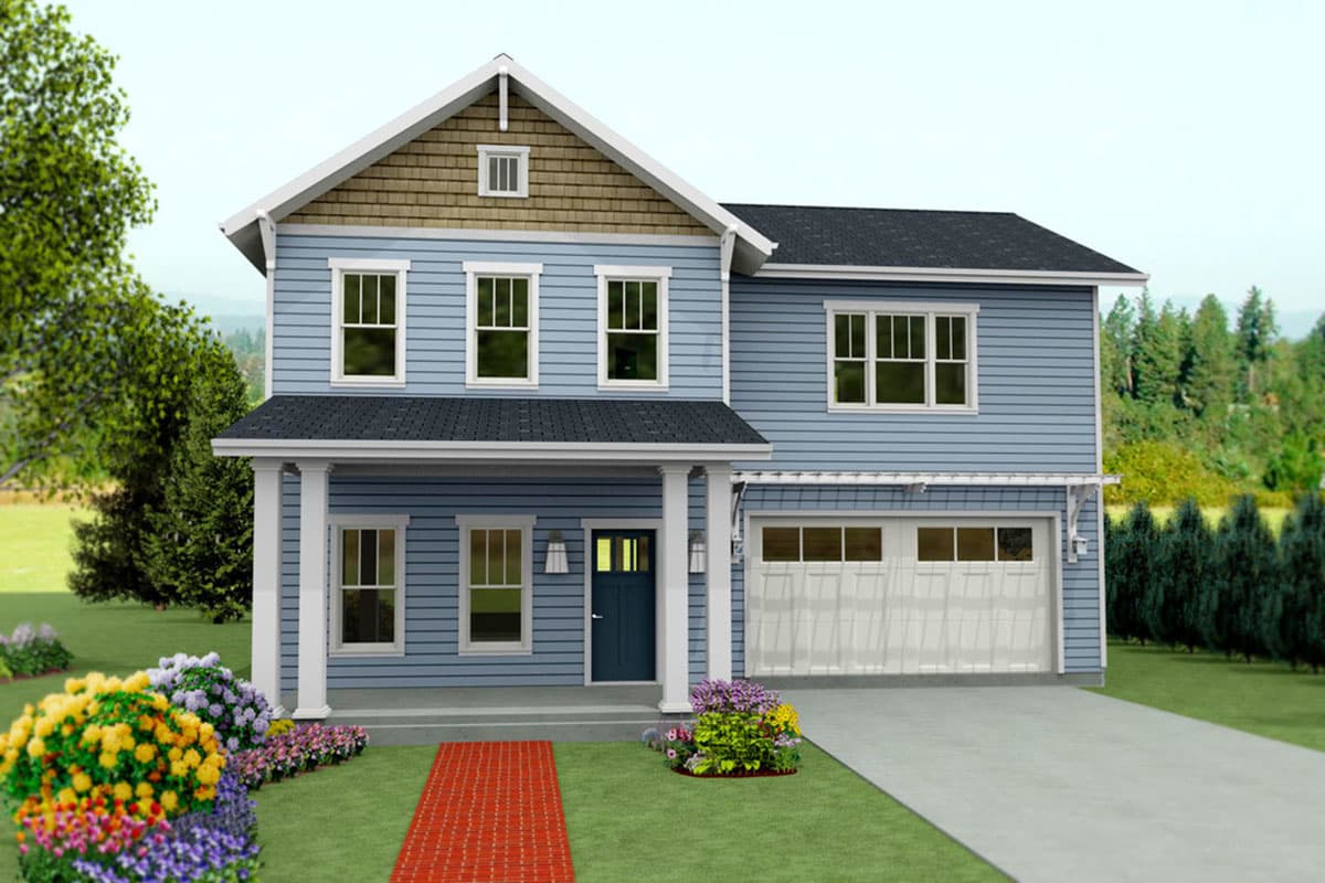 House plan exterior featuring a two-story Craftsman style home with a front porch, gables, and an attached garage.