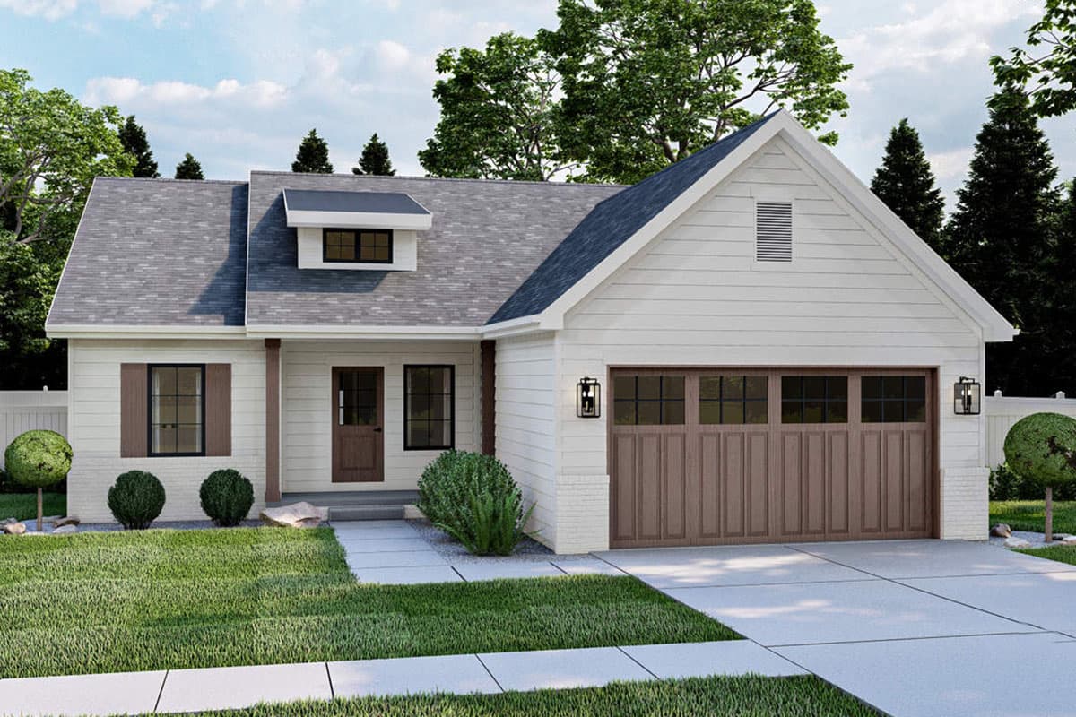 House plan exterior. One-story Modern Farmhouse with a front-facing garage, gabled roof, and a dormer above the entry.