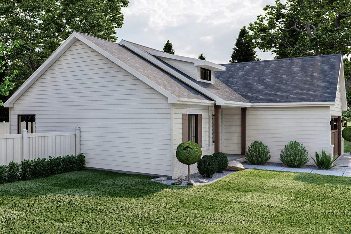 One-story house plan exterior with horizontal siding, a gable roof, dormer, and covered entry with columns.