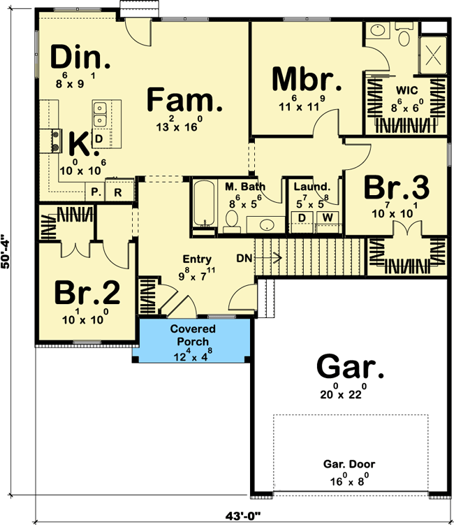 Plan 62664DJ: One-Story Country House Plan with Shed Dormer - 1290 Sq Ft - Floor Plan - Main Level - Cottage, Country, Craftsman, Ranch
