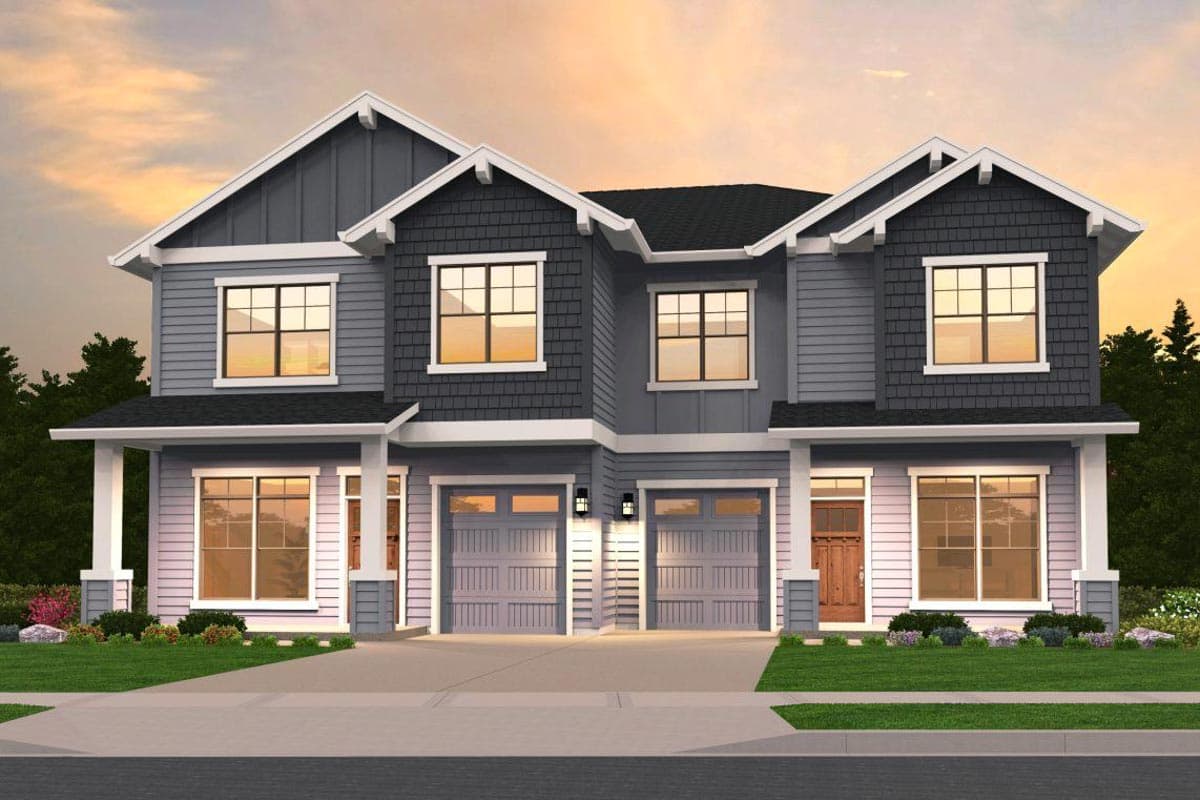 House plan exterior featuring two-story duplex with a gabled roofline, front-facing garages, and a covered front porch.