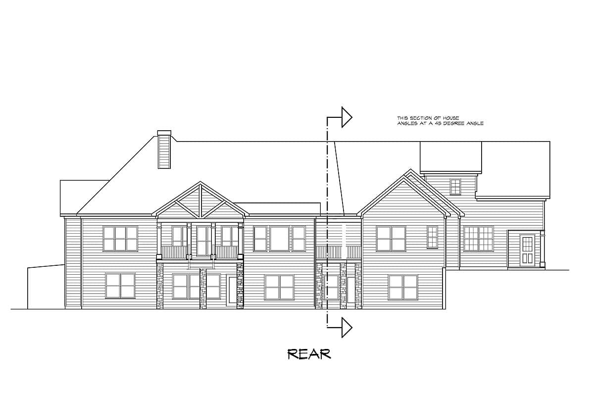 Rear elevation house plan: two-story, gabled roofs, second-story balcony, and stone-clad base.