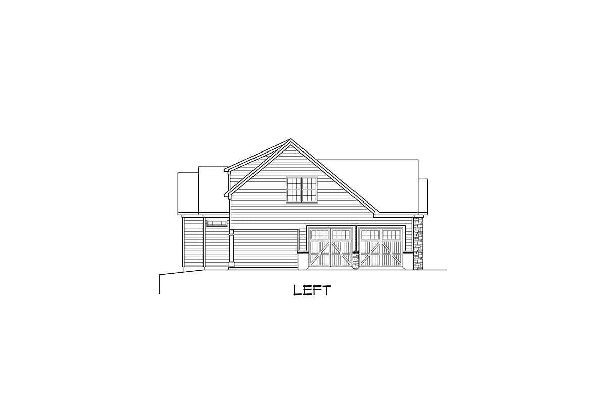 Left elevation house plan showing a two-car garage with decorative doors and a prominent gable.