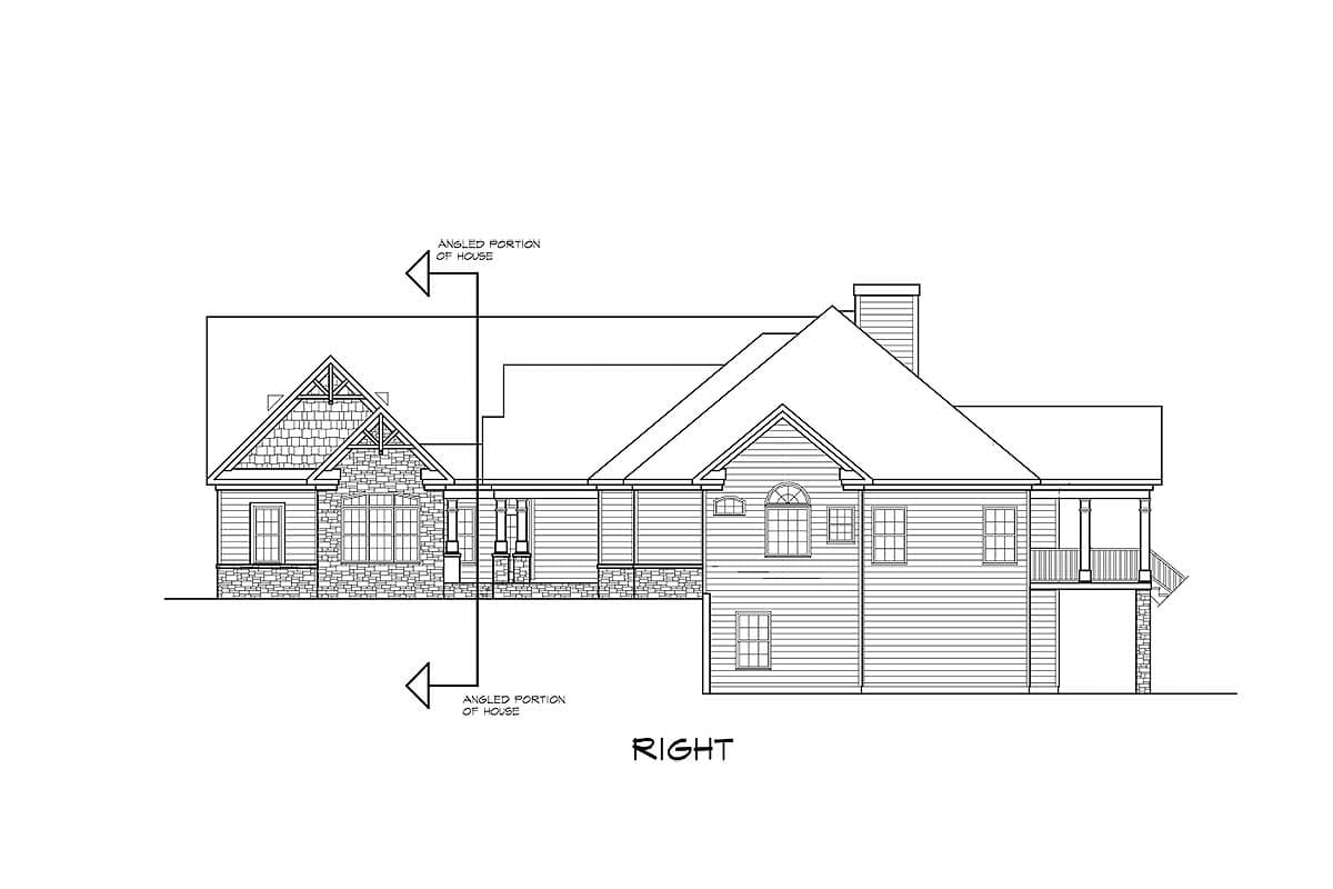 Right elevation drawing of a house plan featuring gables, stone accents, and a covered porch with columns.