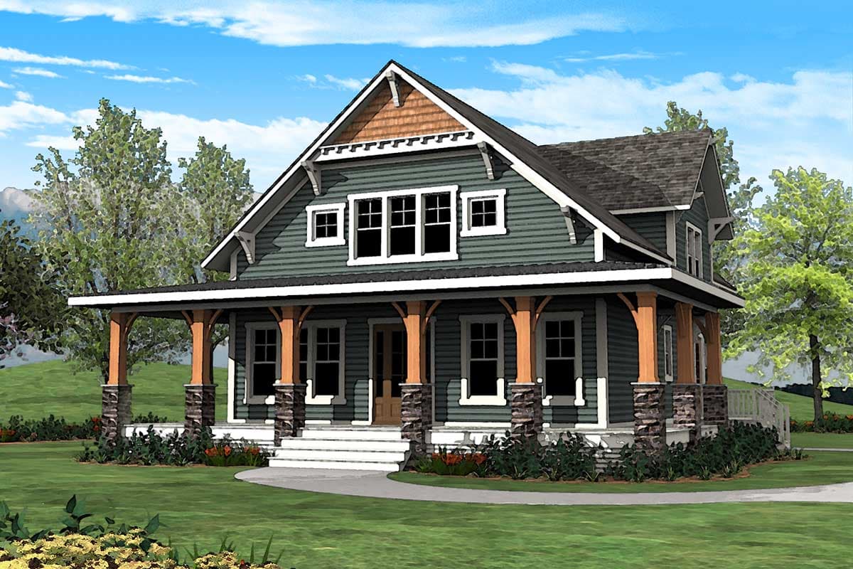 Craftsman-style house plan exterior with a single story, a wraparound porch with stone and wood columns, and gabled rooflines.