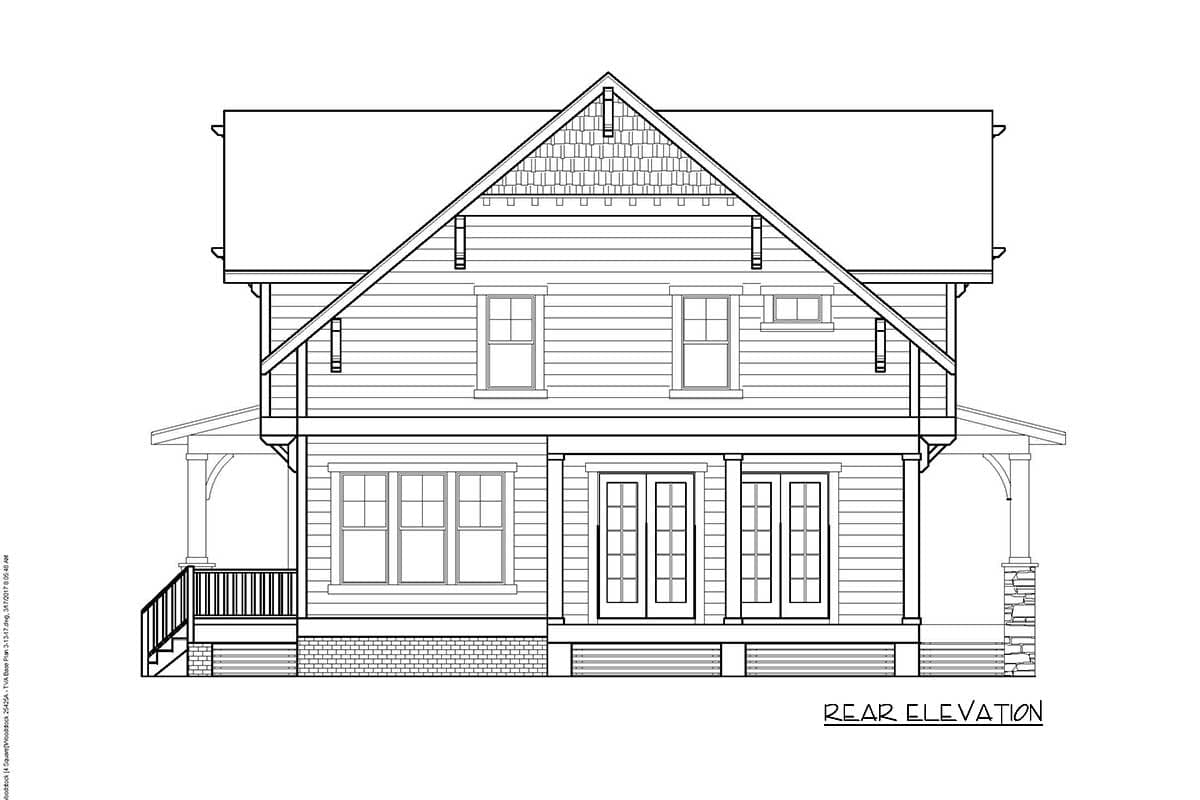 Rear elevation house plan with a prominent gable, two stories, and a wraparound porch with stone columns.